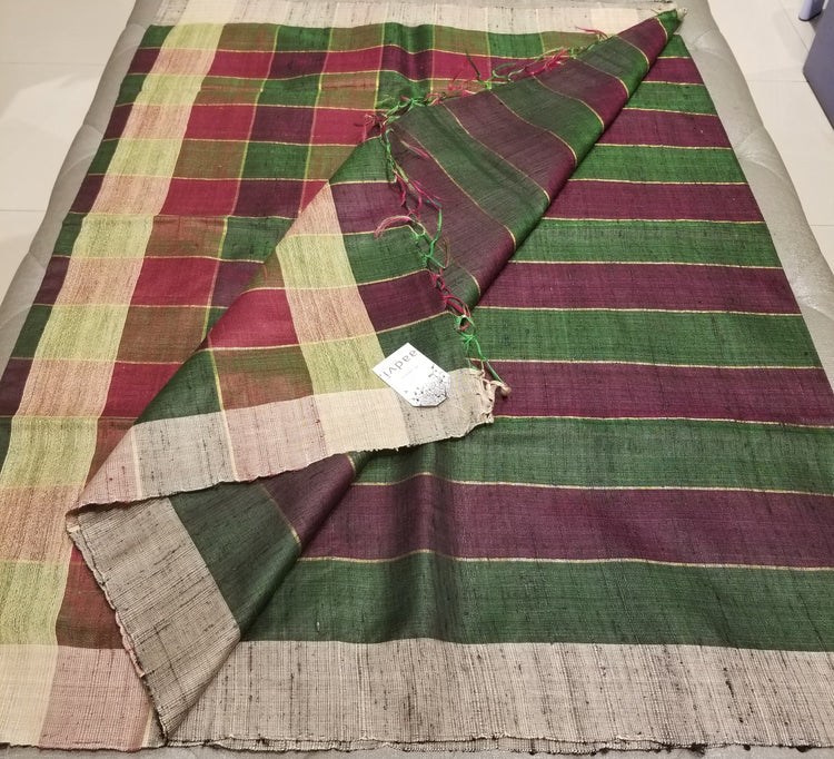 Wine Green Pure Dupion Silk Handwoven Sari with multi colored checkered pallu