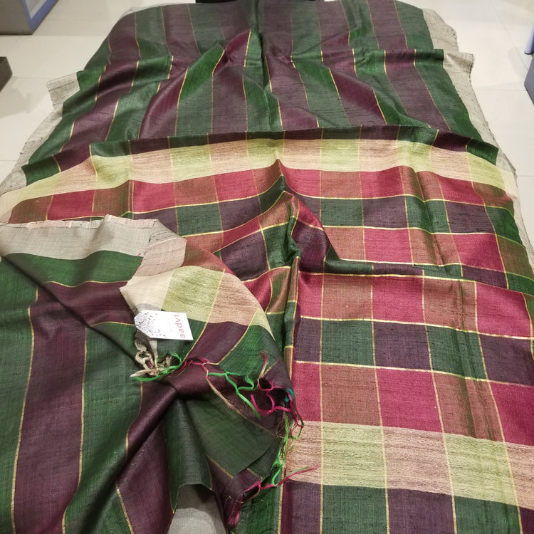 Wine Green Pure Dupion Silk Handwoven Sari with multi colored checkered pallu