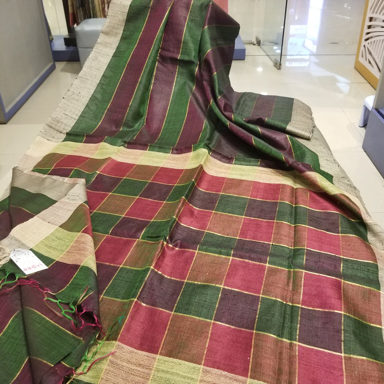 Wine Green Pure Dupion Silk Handwoven Sari with multi colored checkered pallu