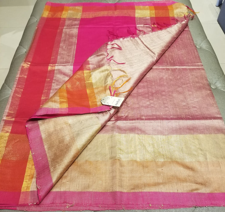 Beige Color Pure Dupion Silk Handwoven Sari with Pink and Red Pallu
