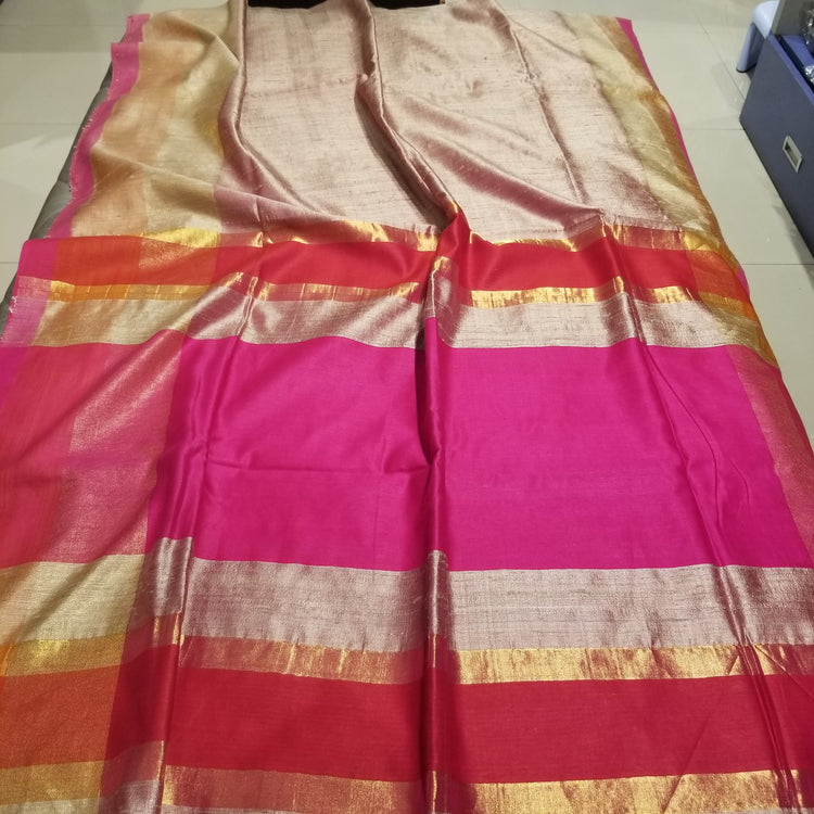 Beige Color Pure Dupion Silk Handwoven Sari with Pink and Red Pallu