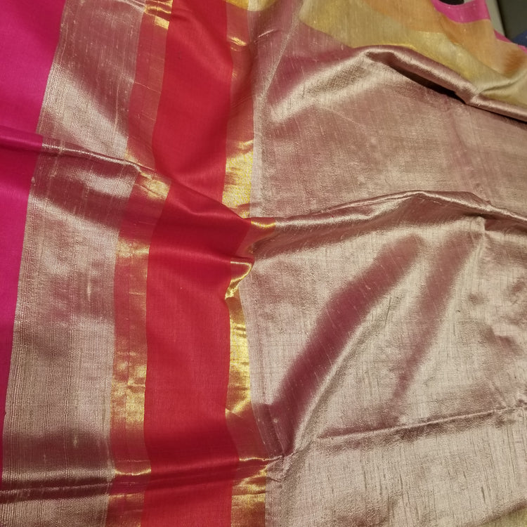 Beige Color Pure Dupion Silk Handwoven Sari with Pink and Red Pallu