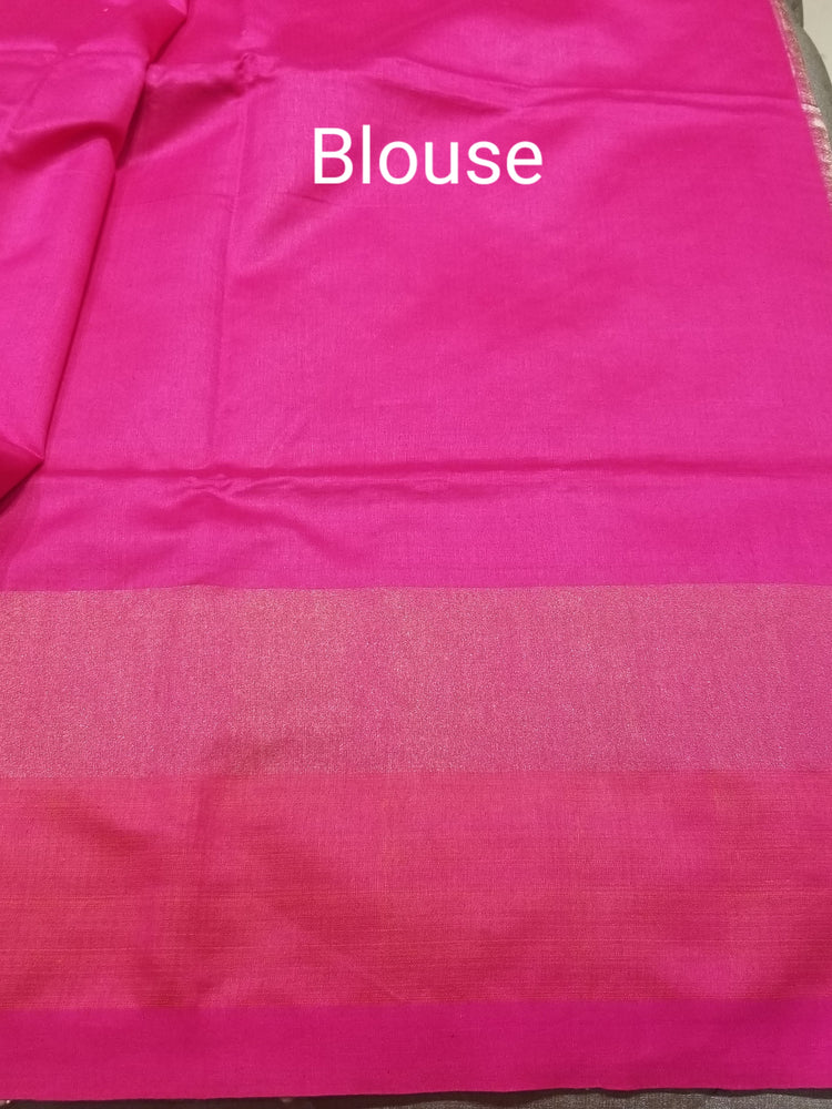 Beige Color Pure Dupion Silk Handwoven Sari with Pink and Red Pallu