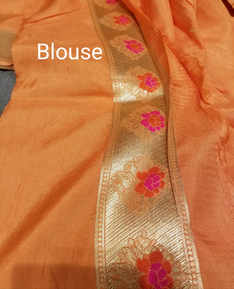 Pastel Peach Color Crepe Marble Silk Handwoven Sari with intricate golden floral all-over work