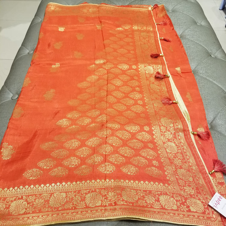 Deep Pastel Orange Color Crepe Marble Silk Handwoven Sari with intricate golden floral all-over work