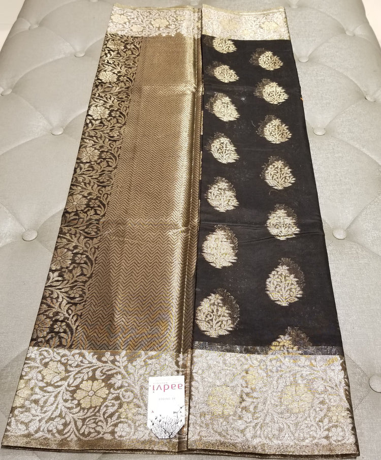 Black Pure Chanderi Silk Handwoven Sari with intricate golden and Silver floral work on Pallu and all-over motif work