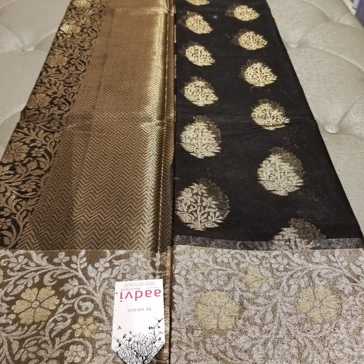 Black Pure Chanderi Silk Handwoven Sari with intricate golden and Silver floral work on Pallu and all-over motif work