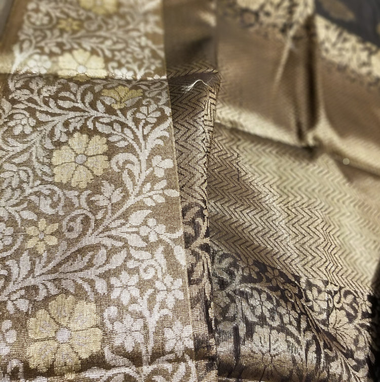 Black Pure Chanderi Silk Handwoven Sari with intricate golden and Silver floral work on Pallu and all-over motif work