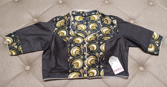Plain Charcoal Black with Floral Print Combi Designer Blouse - Front Side