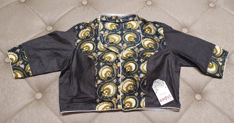 Plain Charcoal Black with Floral Print Combi Designer Blouse - Front Side