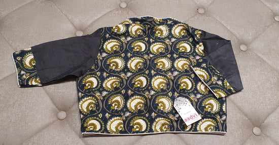 Plain Charcoal Black with Floral Print Combi Designer Blouse - Back Side