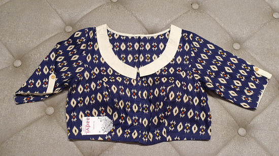 Deep Blue and Cream Designer Blouse = Front Side