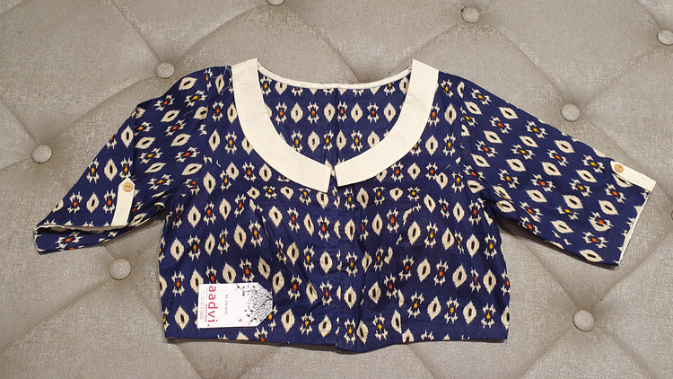 Deep Blue and Cream Designer Blouse = Front Side