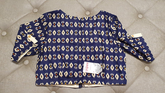 Deep Blue and Cream Designer Blouse - Back Side