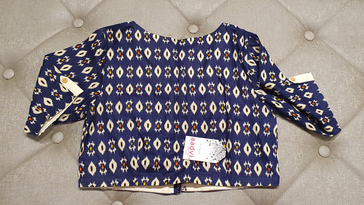 Deep Blue and Cream Designer Blouse - Back Side