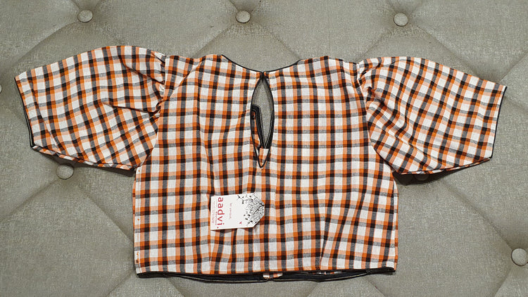Beige Designer Blouse with REd-Black Checkered Pattern - Back Side