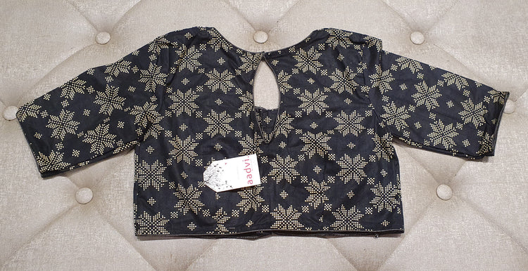 Black Designer Blouse with White Geometric Patterns - Back Side