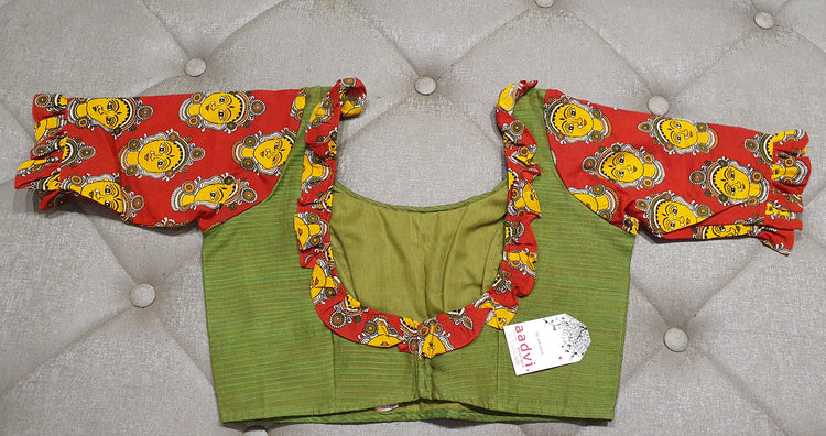 Sap Green Designer Blouse with Traditional Print - Back Side