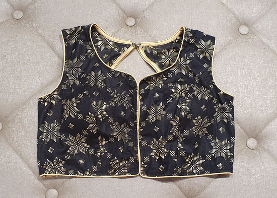 Black Designer Blouse with White Geometric Patterns - Front Side