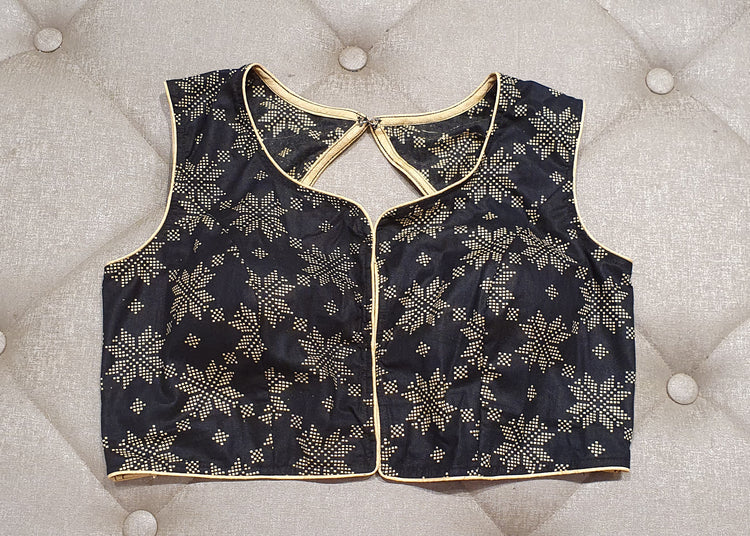 Black Designer Blouse with White Geometric Patterns - Front Side