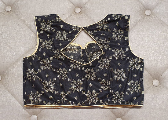 Black Designer Blouse with White Geometric Patterns - Back Side
