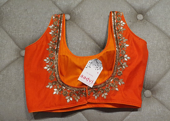 Orange Hand Embroidered Designer Blouse with Zardosi Work - Back Side