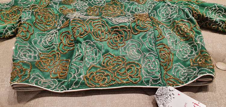 Sea Green Hand Embroidered Designer Blouse with Floral Zardosi Work - Closeup