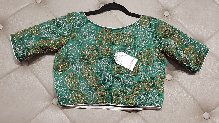 Sea Green Hand Embroidered Designer Blouse with Floral Zardosi Work - Back Side