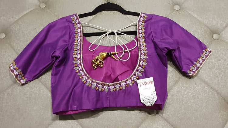 Purple Hand Embroidered Designer Blouse with Zardosi Work - Back Side