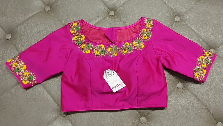 Deep Pink Hand Embroidered Designer Blouse - Front Side