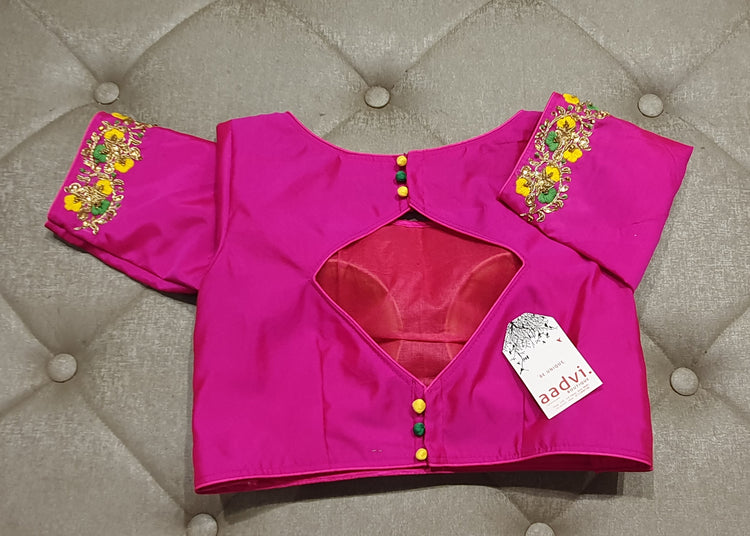 Deep Pink Hand Embroidered Designer Blouse - Back Side