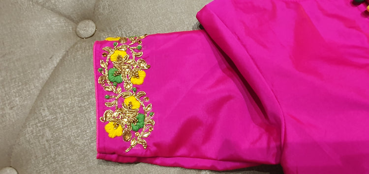 Deep Pink Hand Embroidered Designer Blouse - Sleeve Closeup