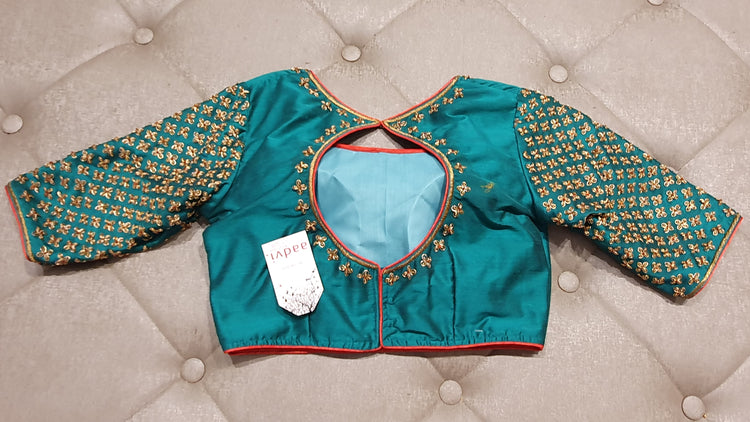 Turquoise Hand Embroidered Designer Blouse - Back Side
