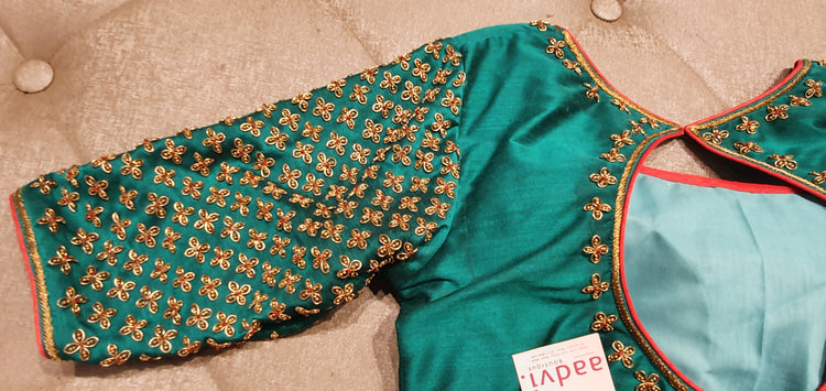 Turquoise Hand Embroidered Designer Blouse - Closeup