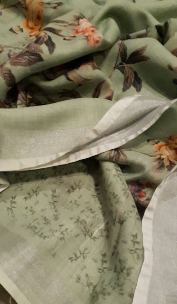 Linen Digital Floral Print Sari in Pastel Hue of Pista Green
