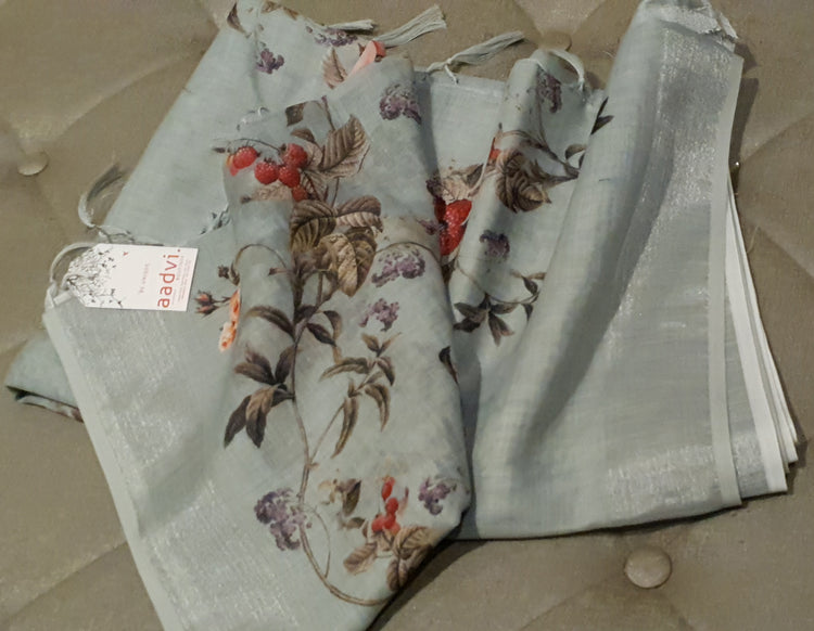 Linen Digital Floral Print Sari in Pastel Hue of Cement Grey