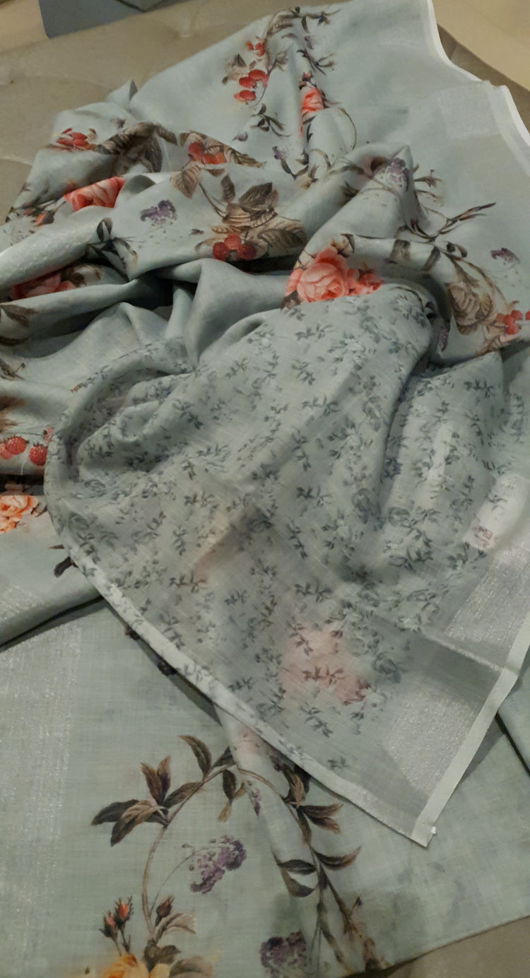 Linen Digital Floral Print Sari in Pastel Hue of Cement Grey