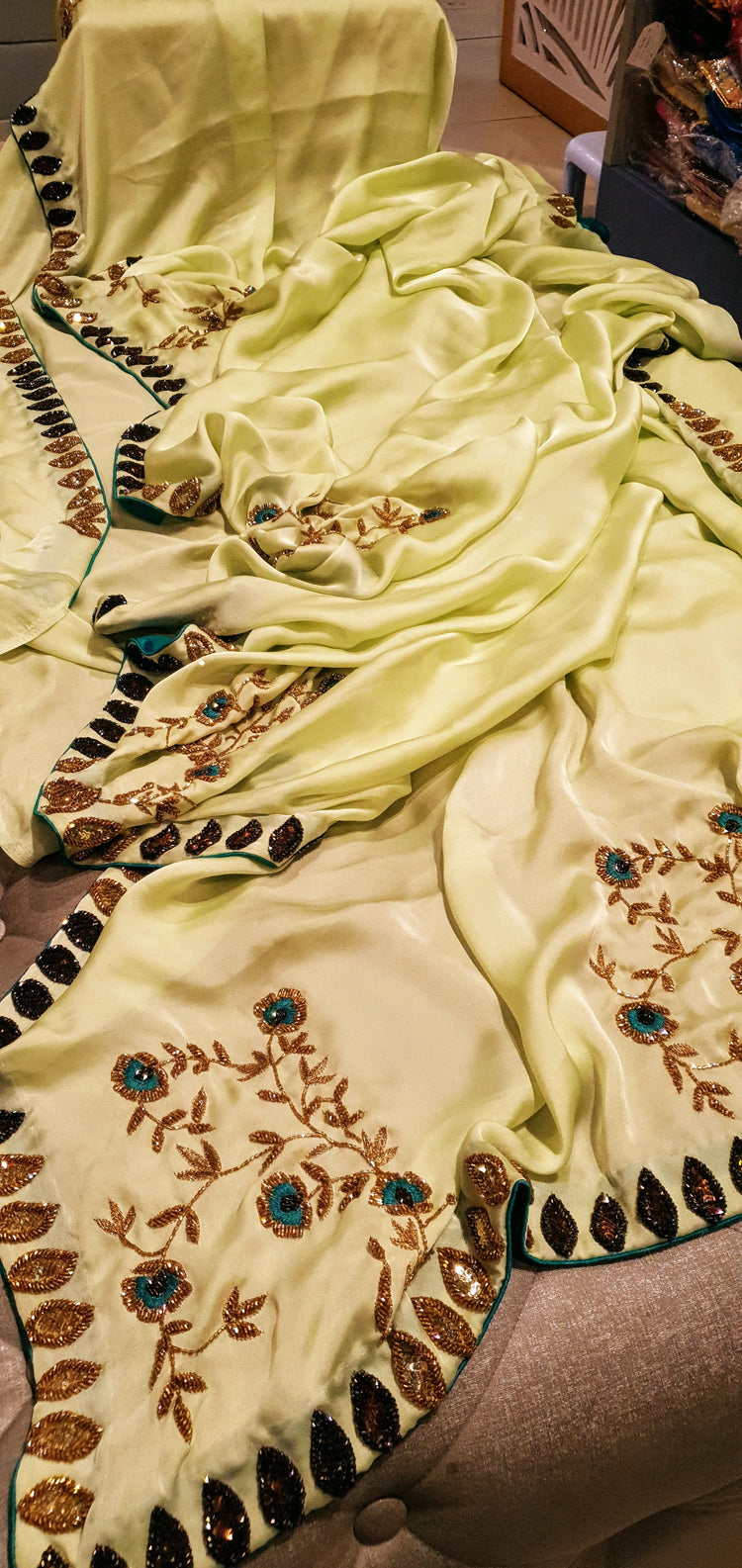 Pista Green Sari in Satin with floral motif