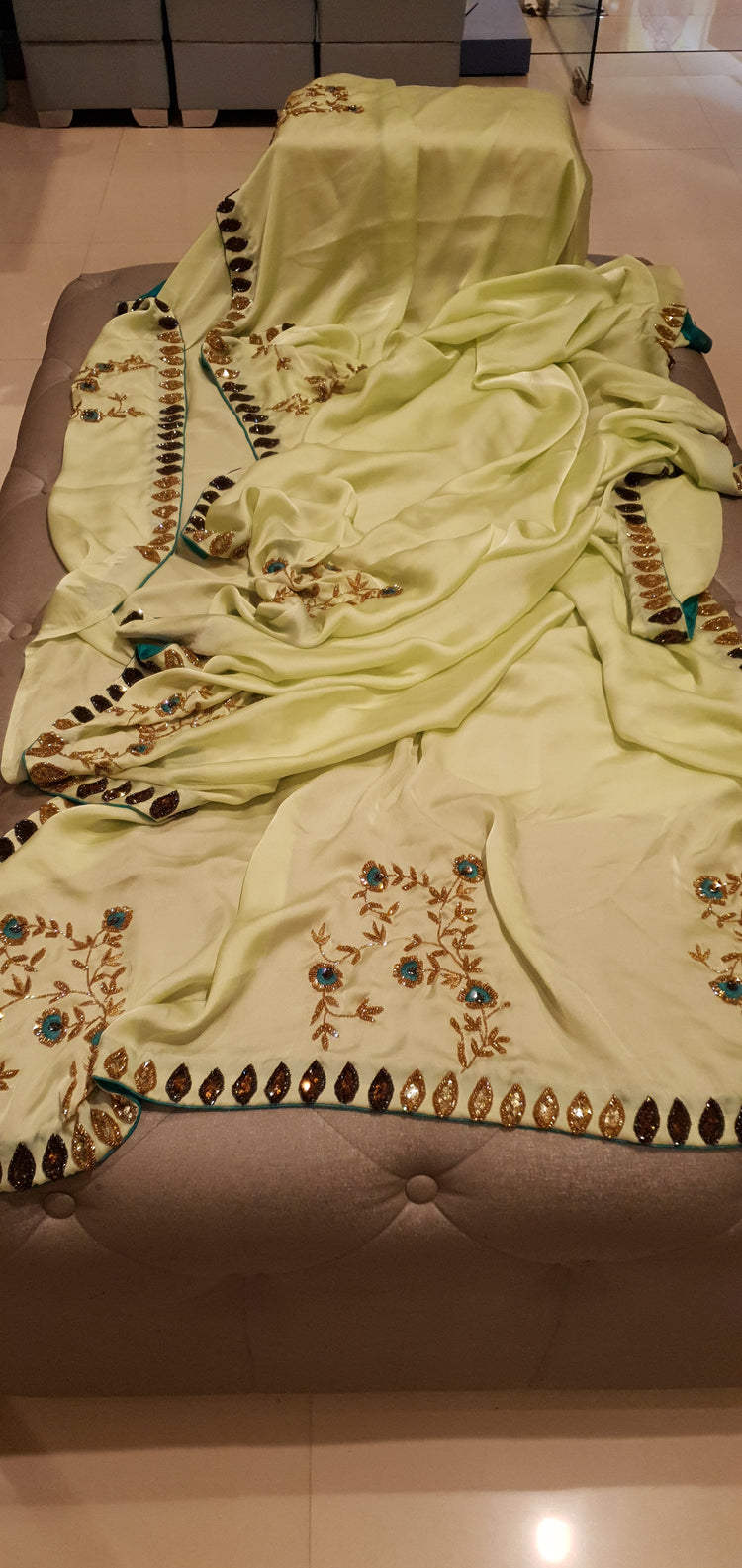 Pista Green Sari in Satin with floral motif