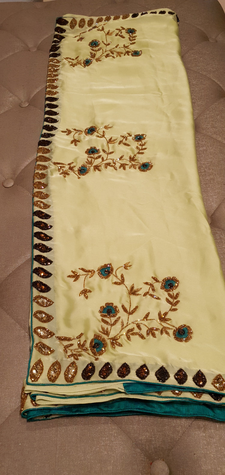 Pista Green Sari in Satin with floral motif