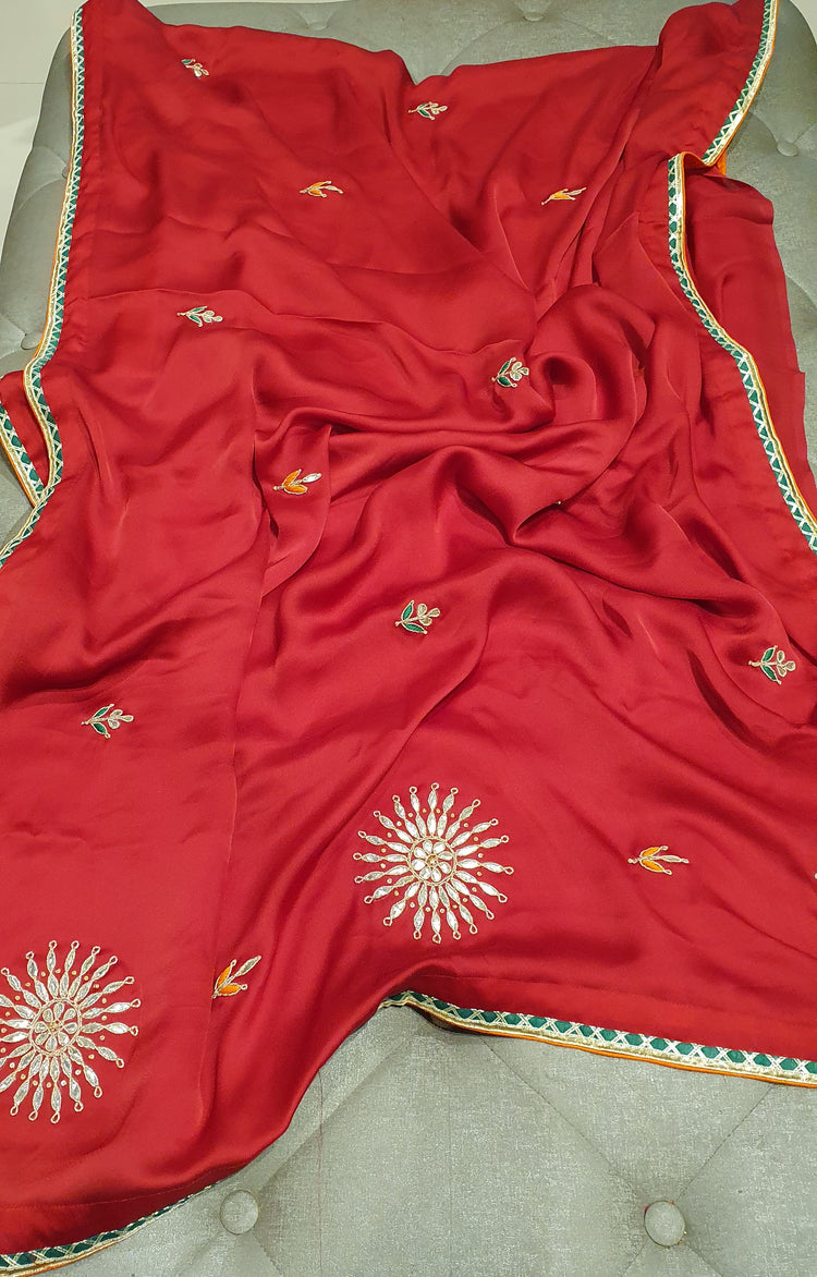 Red Gota Patti designer sari with Green blouse