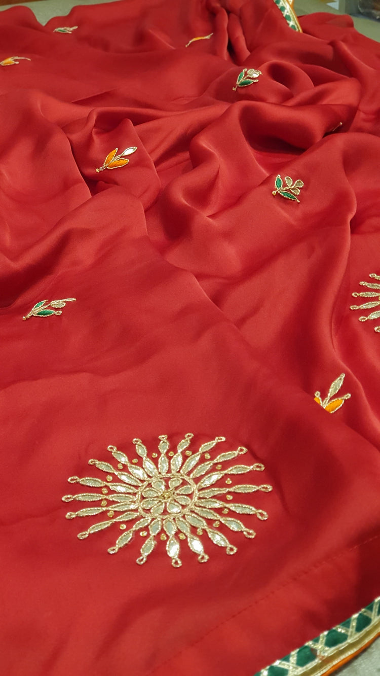 Red Gota Patti designer sari with Green blouse