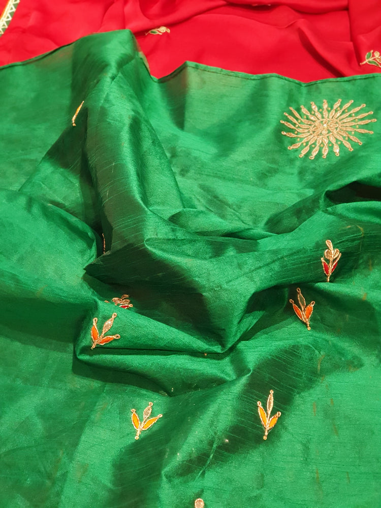 Red Gota Patti designer sari with Green blouse