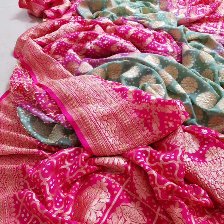 Handwoven Pure Bandhej Sari in tones of Pink, Coral and Sage Green