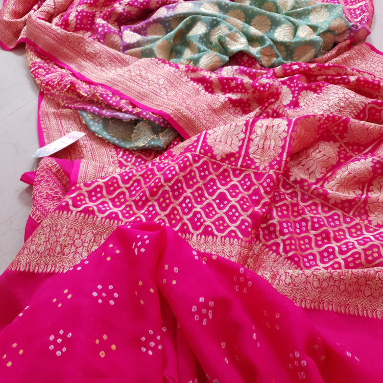 Handwoven Pure Bandhej Sari in tones of Pink, Coral and Sage Green