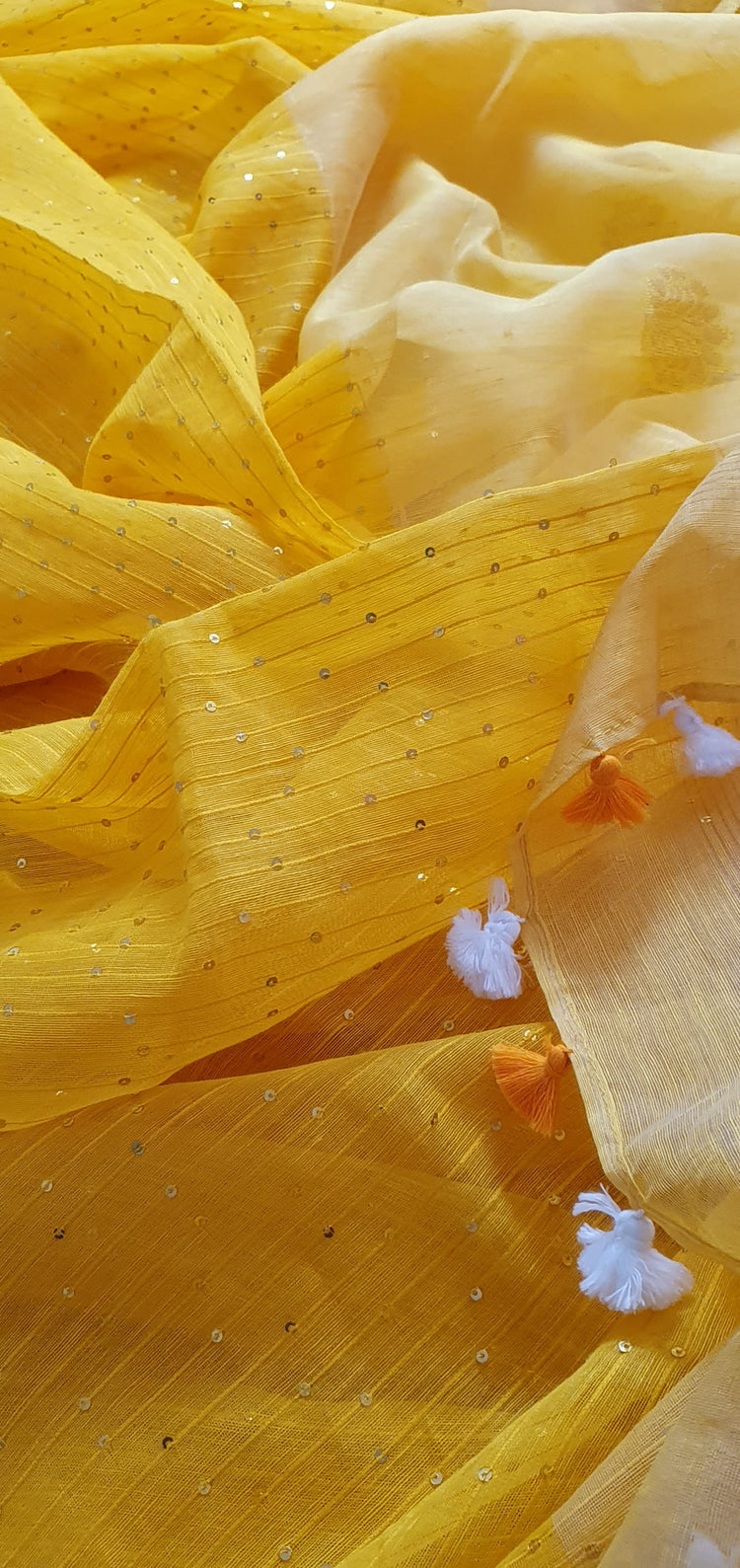 Beautiful Handwoven Yellow Linen Resham Sari with sequins