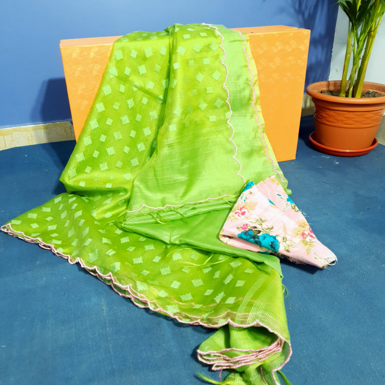 Handwoven Chartreuse Green Resham Sari With Scalloped Border