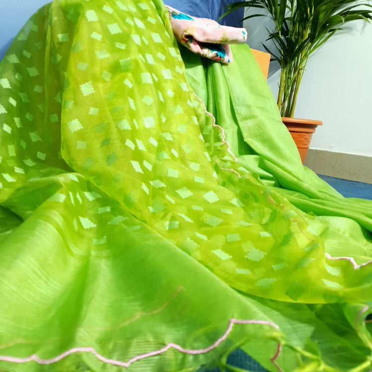Handwoven Chartreuse Green Resham Sari With Scalloped Border