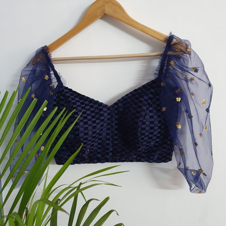 Dark blue designer Blouse with Net Sleeves