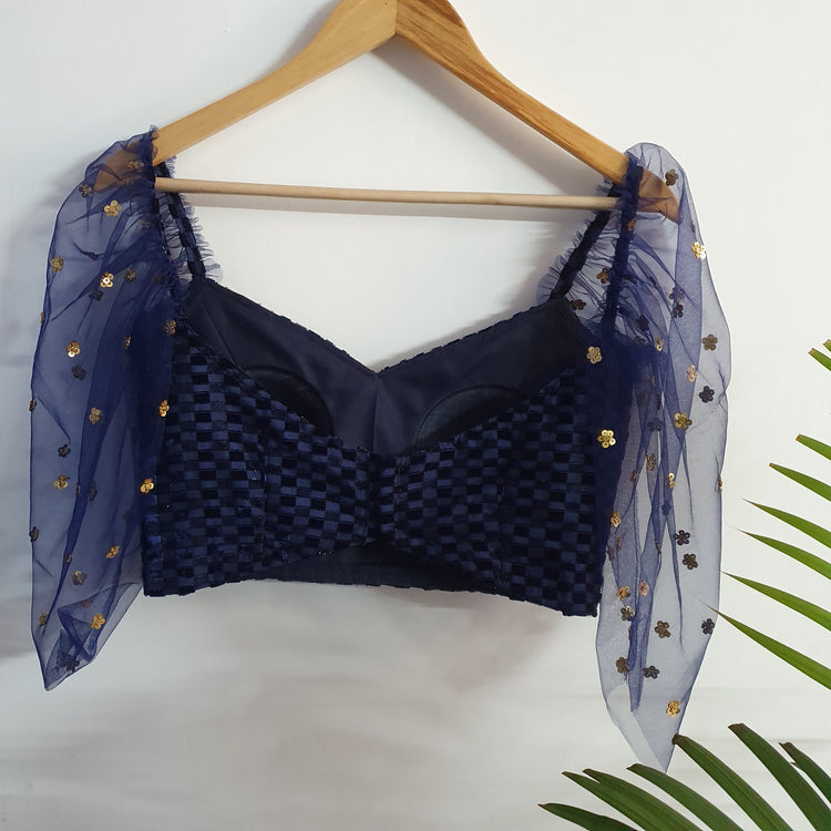 Dark blue designer Blouse with Net Sleeves